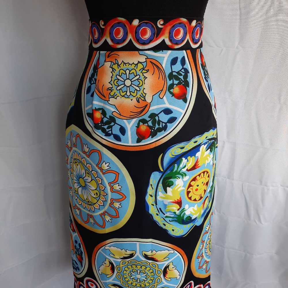 Pencil Skirt Womens Small / Med Ceramic Plate Print Black Multicolored Side Zip - Picture 11 of 14